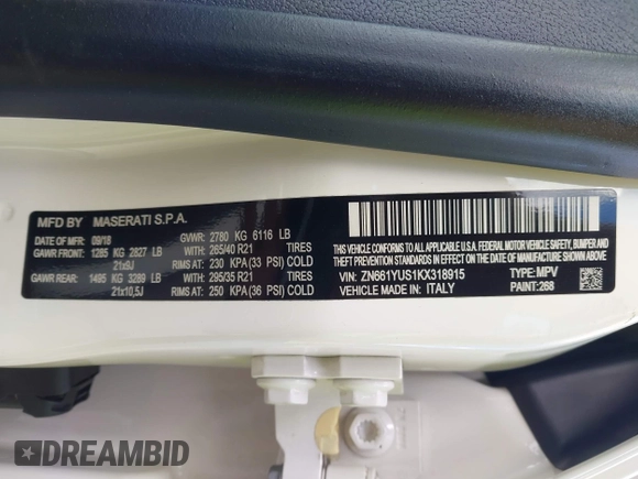 2019 Maserati Levante S with VIN ZN661YUS1KX318915, listed as a IAAI auction lot 41949952 with 74,355 mi miles. Bid and sale history available at carsss.com. Image 9.