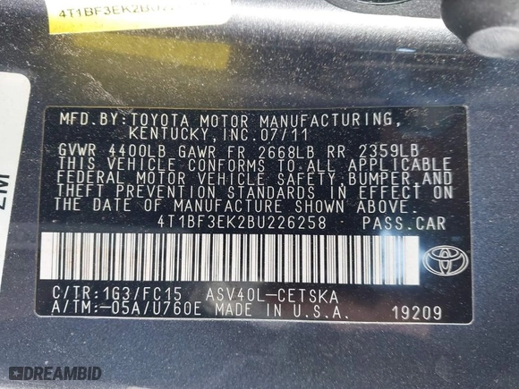 2011 Toyota Camry LE with VIN 4T1BF3EK2BU226258, listed as a IAAI auction lot 41620360 with 189,663 mi miles. Bid and sale history available at carsss.com. Image 9.