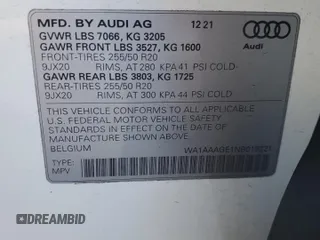 2022 Audi e-tron Premium with VIN WA1AAAGE1NB019221, listed as a Copart auction lot 41872005 with 47,890 mi miles and Salvage Title. Bid and sale history available at DreamBid. Image 13.