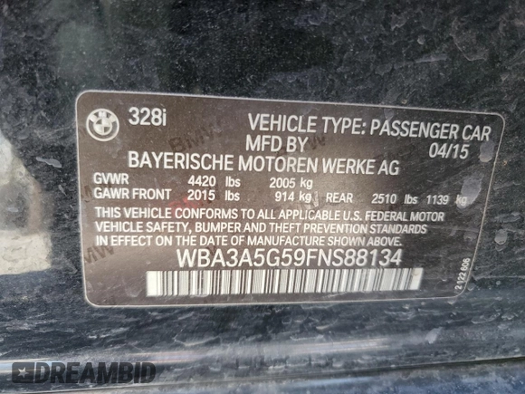 2015 BMW 3 Series 328i с VIN WBA3A5G59FNS88134, выставлен на аукционе Copart как лот 43559575 с пробегом 97 400 миль миль и Списание • Salvage title. История ставок и продаж доступна на DreamBid. Изображение 12.