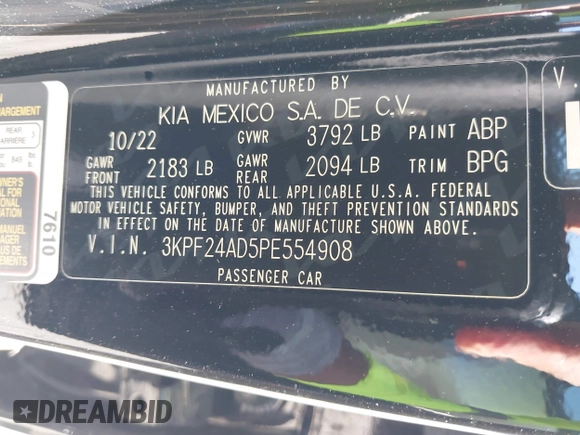 2023 Kia Forte LXS z VIN 3KPF24AD5PE554908, wystawiony jako IAAI lot #41781608 z przebiegiem 84 666 mil mil oraz . Historia ofert i sprzedaży dostępna na DreamBid. Obrazek 9.