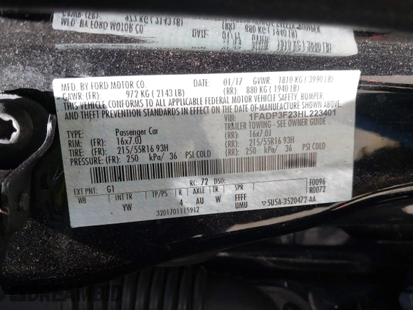 2017 Ford Focus SE with VIN 1FADP3F23HL223401, listed as a IAAI auction lot 42639766 with 101,717 mi miles and . Bid and sale history available at DreamBid. Image 9.