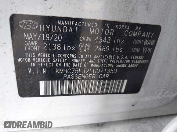 2020 Hyundai Ioniq SE with VIN KMHC75LJ2LU071350, listed as a IAAI auction lot 42169600 with 74,011 mi miles and . Bid and sale history available at DreamBid. Image 9.