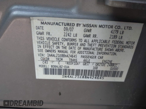 2008 Nissan Altima 2.5 S with VIN 1N4AL21E88N424645, listed as a IAAI auction lot 41985862 with 213,191 mi miles. Bid and sale history available at carsss.com. Image 9.