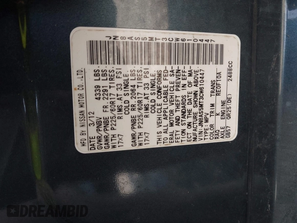 2012 Nissan Rogue SL with VIN JN8AS5MT3CW610447, listed as a IAAI auction lot 42177241 with 230,599 mi miles and . Bid and sale history available at DreamBid. Image 9.