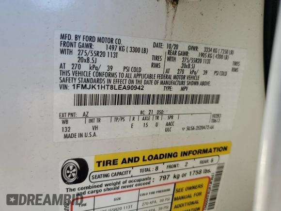 2020 Ford Expedition Max XLT with VIN 1FMJK1HT8LEA90942, listed as a Copart auction lot 43364365 with 74,347 mi miles and Salvage Title. Bid and sale history available at DreamBid. Image 13.