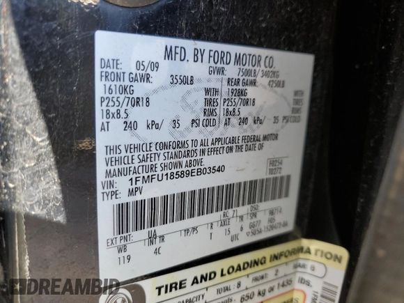 2009 Ford Expedition Eddie Bauer z VIN 1FMFU18589EB03540, wystawiony jako Copart lot #85574894 z przebiegiem 175 450 mil mil oraz Szkoda całkowita • Salvage title. Historia ofert i sprzedaży dostępna na DreamBid. Obrazek 13.