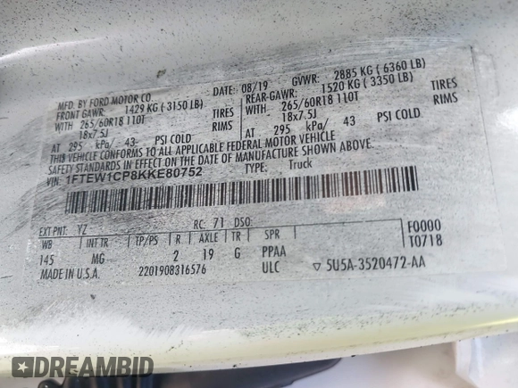 2019 Ford F-150 XL with VIN 1FTEW1CP8KKE80752, listed as a IAAI auction lot 41623727 with Not Provided miles and . Bid and sale history available at carsss.com. Image 9.
