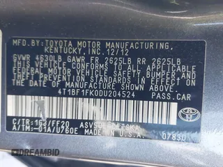 2013 Toyota Camry L with VIN 4T1BF1FK0DU204524, listed as a IAAI auction lot 41842065 with 168,202 mi miles. Bid and sale history available at carsss.com. Image 9.