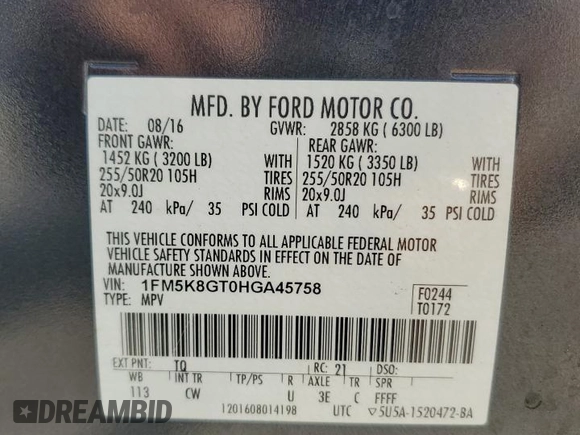 2017 Ford Explorer Sport с VIN 1FM5K8GT0HGA45758, выставлен на аукционе Copart как лот 63240925 с пробегом 129 868 миль миль и Списание • Salvage title. История ставок и продаж доступна на DreamBid. Изображение 13.