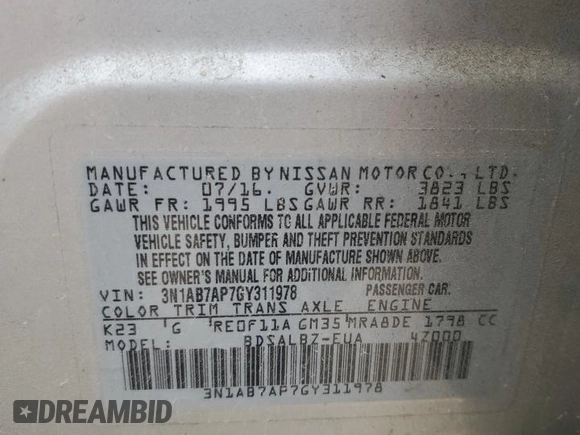 2016 Nissan Sentra SV with VIN 3N1AB7AP7GY311978, listed as a Copart auction lot 52847005 with Not Provided miles and Clean Title. Bid and sale history available at DreamBid. Image 13.