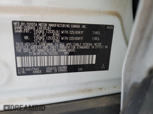 2022 Toyota RAV4 XLE with VIN 2T3W1RFV3NC192260, listed as a Copart auction lot 55153925 with 42,401 mi miles and Salvage title. Bid and sale history available at DreamBid. Image 13.