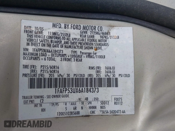 2006 Ford Taurus SE with VIN 1FAFP53UX6A184373, listed as a IAAI auction lot 42581542 with Not provided miles and . Bid and sale history available at DreamBid. Image 9.