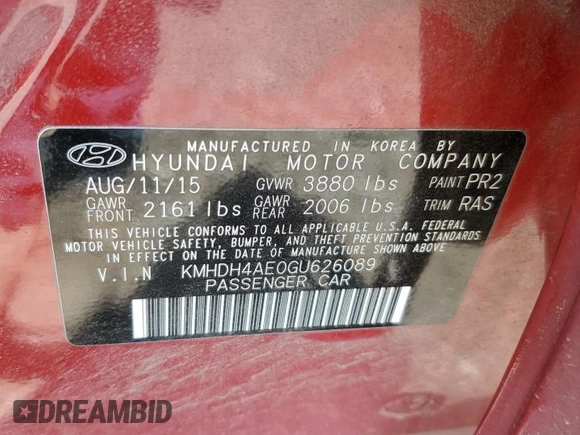 2016 Hyundai Elantra SE with VIN KMHDH4AE0GU626089, listed as a Copart auction lot 57672185 with 144,734 mi miles and Salvage title. Bid and sale history available at DreamBid. Image 12.