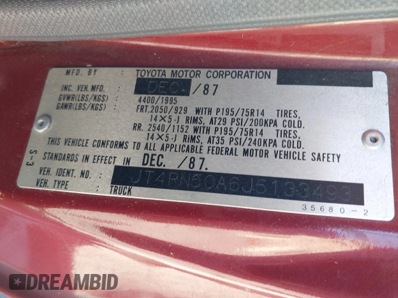 1988 Toyota Pickup с VIN JT4RN50A6J5133493, выставлен на аукционе IAAI как лот 40299081 с пробегом 105 705 миль миль и . История ставок и продаж доступна на DreamBid. Изображение 9.