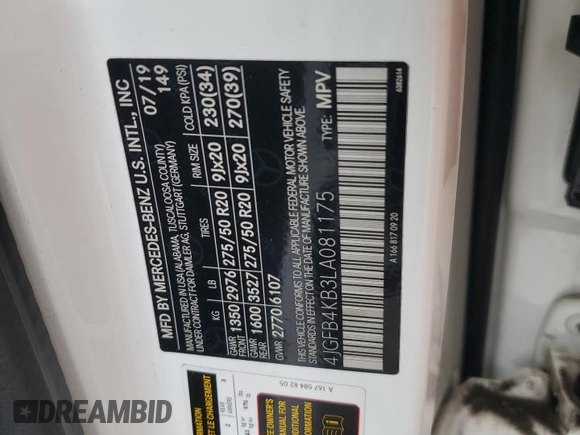 2020 Mercedes-Benz GLE 350 with VIN 4JGFB4KB3LA081175, listed as a Copart auction lot 60490535 with Not provided miles and Salvage title. Bid and sale history available at DreamBid. Image 13.