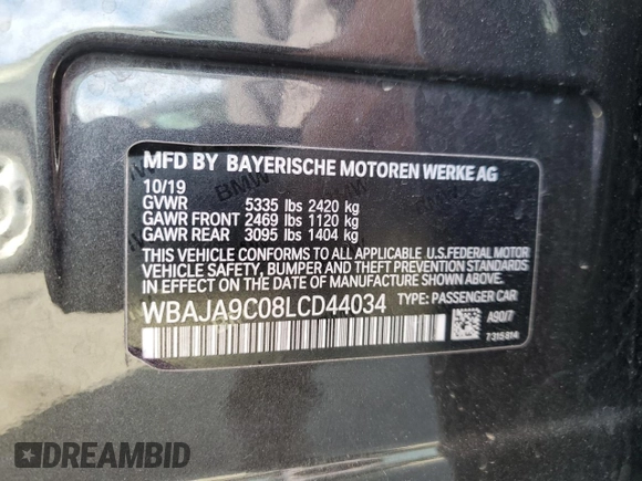 2020 BMW 5 Series 530e with VIN WBAJA9C08LCD44034, listed as a Copart auction lot 63664454 with 97,595 mi miles and Salvage Title. Bid and sale history available at DreamBid. Image 12.
