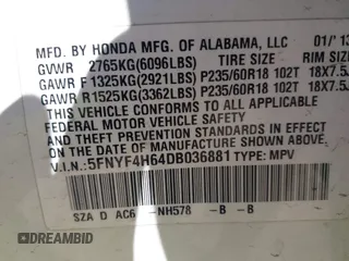 2013 Honda Pilot EX-L with VIN 5FNYF4H64DB036881, listed as a IAAI auction lot 41975835 with 115,539 mi miles and . Bid and sale history available at carsss.com. Image 9.