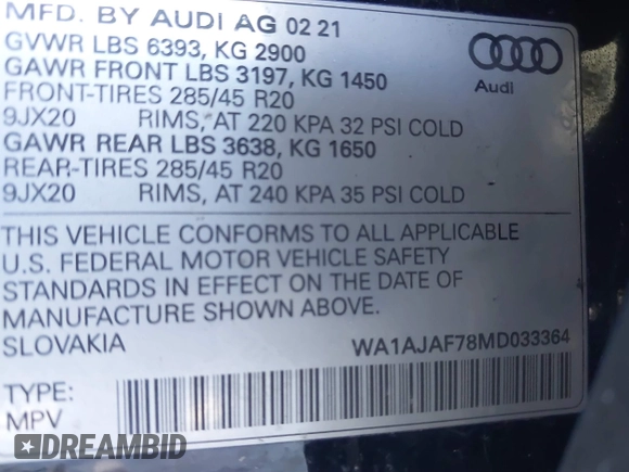 2021 Audi Q7 Premium with VIN WA1AJAF78MD033364, listed as a IAAI auction lot 41549965 with 25,728 mi miles. Bid and sale history available at carsss.com. Image 9.