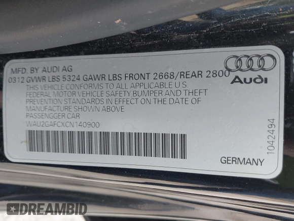 2012 Audi A7 Prestige with VIN WAU2GAFCXCN140900, listed as a IAAI auction lot 41899216 with 112,357 mi miles and . Bid and sale history available at DreamBid. Image 9.