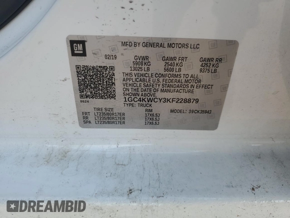 2019 Chevrolet Silverado 3500HD LT with VIN 1GC4KWCY3KF228879, listed as a Copart auction lot 61737005 with 162,401 mi miles and Salvage title. Bid and sale history available at DreamBid. Image 12.