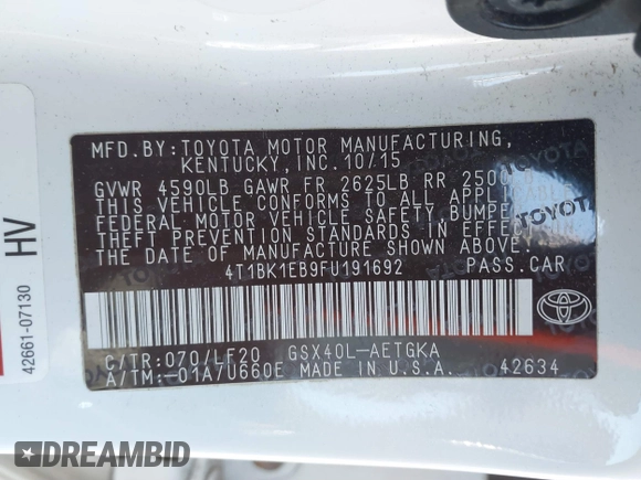2015 Toyota Avalon Limited with VIN 4T1BK1EB9FU191692, listed as a IAAI auction lot 41519160 with 165,371 mi miles and . Bid and sale history available at DreamBid. Image 9.