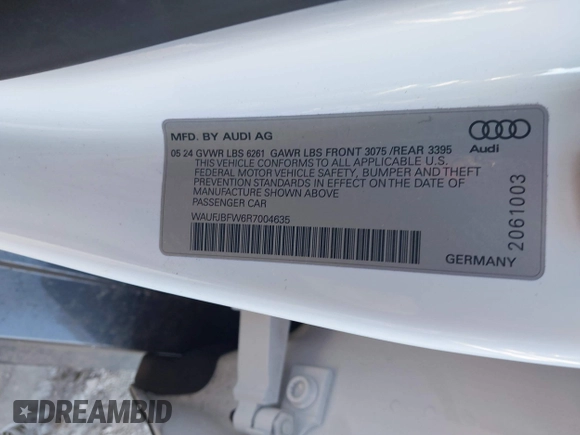 2024 Audi e-tron GT Premium Plus z VIN WAUFJBFW6R7004635, wystawiony jako IAAI lot #41409251 z przebiegiem 7718 mil mil oraz . Historia ofert i sprzedaży dostępna na DreamBid. Obrazek 9.