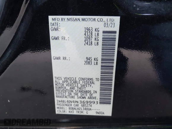 2023 Nissan Altima SV z VIN 1N4BL4DV4PN369993, wystawiony jako IAAI lot #42291109 z przebiegiem 38 500 mil mil oraz . Historia ofert i sprzedaży dostępna na DreamBid. Obrazek 9.