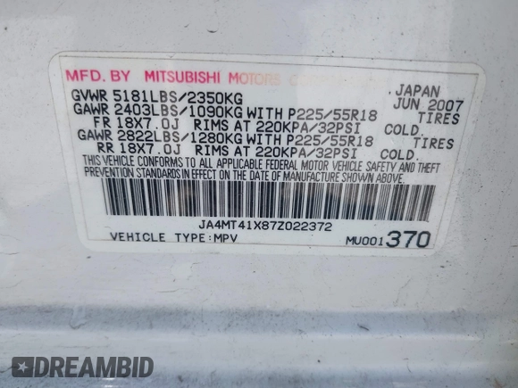 2007 Mitsubishi Outlander XLS z VIN JA4MT41X87Z022372, wystawiony jako IAAI lot #42342600 z przebiegiem 190 073 mil mil oraz . Historia ofert i sprzedaży dostępna na DreamBid. Obrazek 9.