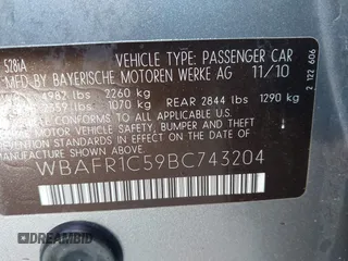 2011 BMW 5 Series 528i with VIN WBAFR1C59BC743204, listed as a IAAI auction lot 41750077 with 126,101 mi miles and . Bid and sale history available at DreamBid. Image 9.