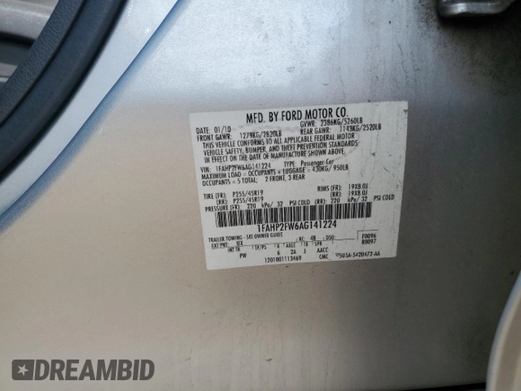 2010 Ford Taurus Limited with VIN 1FAHP2FW6AG141224, listed as a Copart auction lot 65082405 with 161,933 mi miles and Clean title. Bid and sale history available at DreamBid. Image 12.