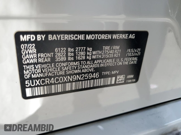 2022 BMW X5 sDrive40i with VIN 5UXCR4C0XN9N25946, listed as a Copart auction lot 45899015 with 34,286 mi miles and Salvage Title. Bid and sale history available at carsss.com. Image 13.