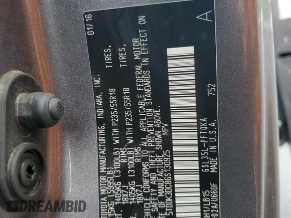 2016 Toyota Sienna Limited with VIN 5TDDK3DC8GS130925, listed as a Copart auction lot 60163985 with 157,507 mi miles and Salvage title. Bid and sale history available at DreamBid. Image 13.