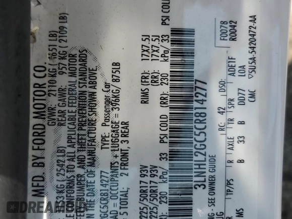 2012 Lincoln MKZ with VIN 3LNHL2GC5CR814277, listed as a Copart auction lot 60204615 with 137,526 mi miles and Salvage title. Bid and sale history available at DreamBid. Image 12.
