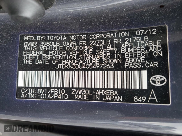 2012 Toyota Prius One with VIN JTDKN3DU4C5497263, listed as a Copart auction lot 53057535 with 168,506 mi miles and Clean Title. Bid and sale history available at carsss.com. Image 12.