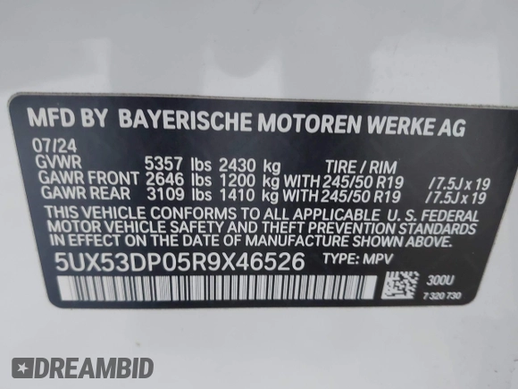 2024 BMW X3 xDrive30i with VIN 5UX53DP05R9X46526, listed as a IAAI auction lot 42122839 with 5,218 mi miles and . Bid and sale history available at DreamBid. Image 9.