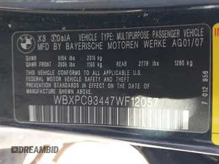 2007 BMW X3 3.0si with VIN WBXPC93447WF12057, listed as a IAAI auction lot 42211587 with 121,293 mi miles and . Bid and sale history available at DreamBid. Image 9.