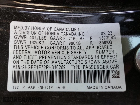 2023 Honda Civic Sedan EX with VIN 2HGFE1F72PH310289, listed as a Copart auction lot 49310585 with 58,828 mi miles and Salvage Title. Bid and sale history available at carsss.com. Image 12.
