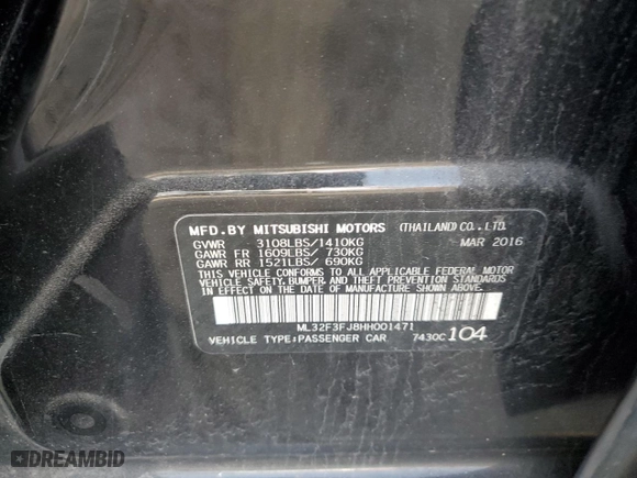 2017 Mitsubishi Mirage G4 ES with VIN ML32F3FJ8HH001471, listed as a Copart auction lot 50066995 with 60,944 mi miles and Salvage Title. Bid and sale history available at carsss.com. Image 12.