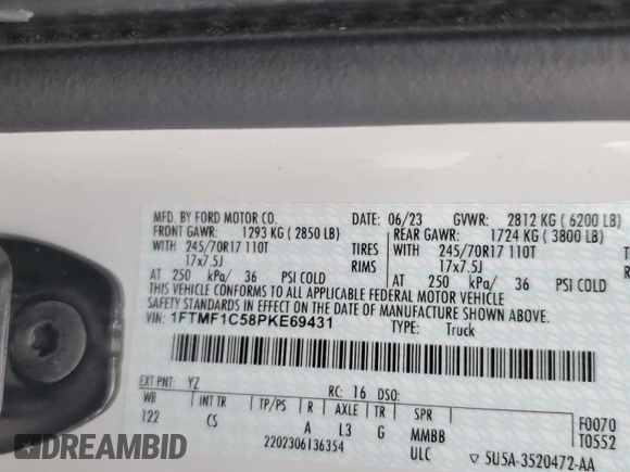 2023 Ford F-150 XL with VIN 1FTMF1C58PKE69431, listed as a Copart auction lot 63713925 with 73,636 mi miles and Clean title. Bid and sale history available at DreamBid. Image 13.