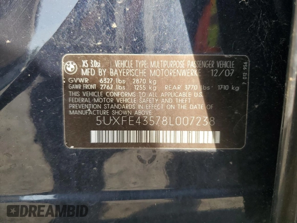 2008 BMW X5 3.0si with VIN 5UXFE43578L007238, listed as a Copart auction lot 53510935 with 118,799 mi miles and Clean Title. Bid and sale history available at carsss.com. Image 13.