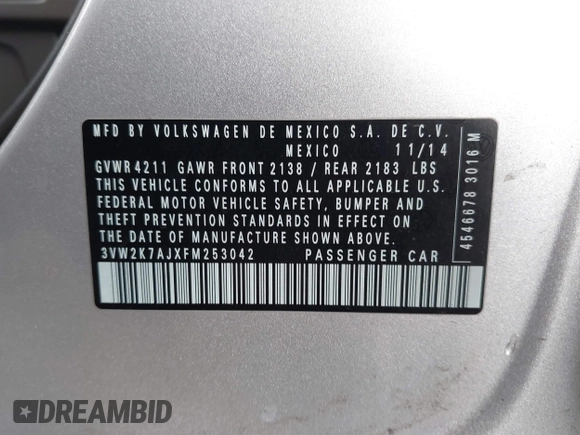 2015 Volkswagen Jetta S с VIN 3VW2K7AJXFM253042, выставлен на аукционе IAAI как лот 41935515 с пробегом 160 574 миль миль и . История ставок и продаж доступна на DreamBid. Изображение 9.