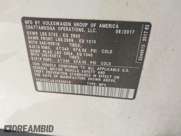 2018 Volkswagen Atlas SE with VIN 1V2CR2CA5JC520616, listed as a IAAI auction lot 42198409 with 98,133 mi miles and . Bid and sale history available at DreamBid. Image 9.