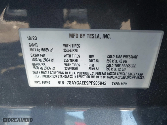 2023 Tesla Model Y Long Range with VIN 7SAYGAEE9PF905943, listed as a IAAI auction lot 41444255 with 11,179 mi miles. Bid and sale history available at carsss.com. Image 9.
