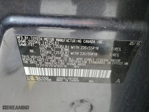 2015 Toyota RAV4 Limited with VIN 2T3YFREV5FW193518, listed as a Copart auction lot 45805105 with 51,663 mi miles and Salvage Title. Bid and sale history available at carsss.com. Image 13.