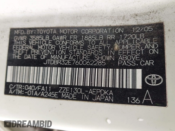 2006 Toyota Corolla CE with VIN JTDBR32E760062285, listed as a IAAI auction lot 41939446 with 131,187 mi miles and . Bid and sale history available at DreamBid. Image 9.