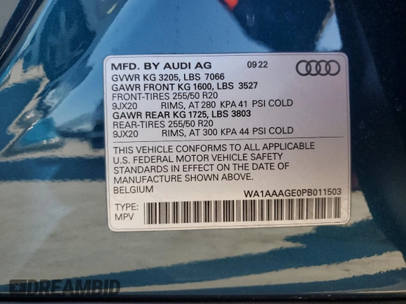 2023 Audi e-tron Premium with VIN WA1AAAGE0PB011503, listed as a Copart auction lot 46042595 with 17,440 mi miles and Salvage Title. Bid and sale history available at DreamBid. Image 14.