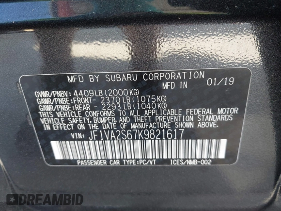 2019 Subaru WRX STI with VIN JF1VA2S67K9821617, listed as a IAAI auction lot 41480430 with 26,784 mi miles. Bid and sale history available at carsss.com. Image 9.