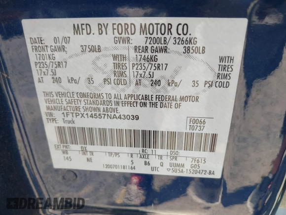 2007 Ford F-150 XLT with VIN 1FTPX14557NA43039, listed as a IAAI auction lot 42592557 with 133,301 mi miles and . Bid and sale history available at DreamBid. Image 9.