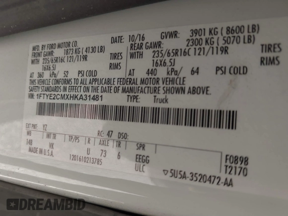2017 Ford Transit with VIN 1FTYE2CMXHKA31481, listed as a IAAI auction lot 41674126 with Not provided miles and . Bid and sale history available at DreamBid. Image 9.